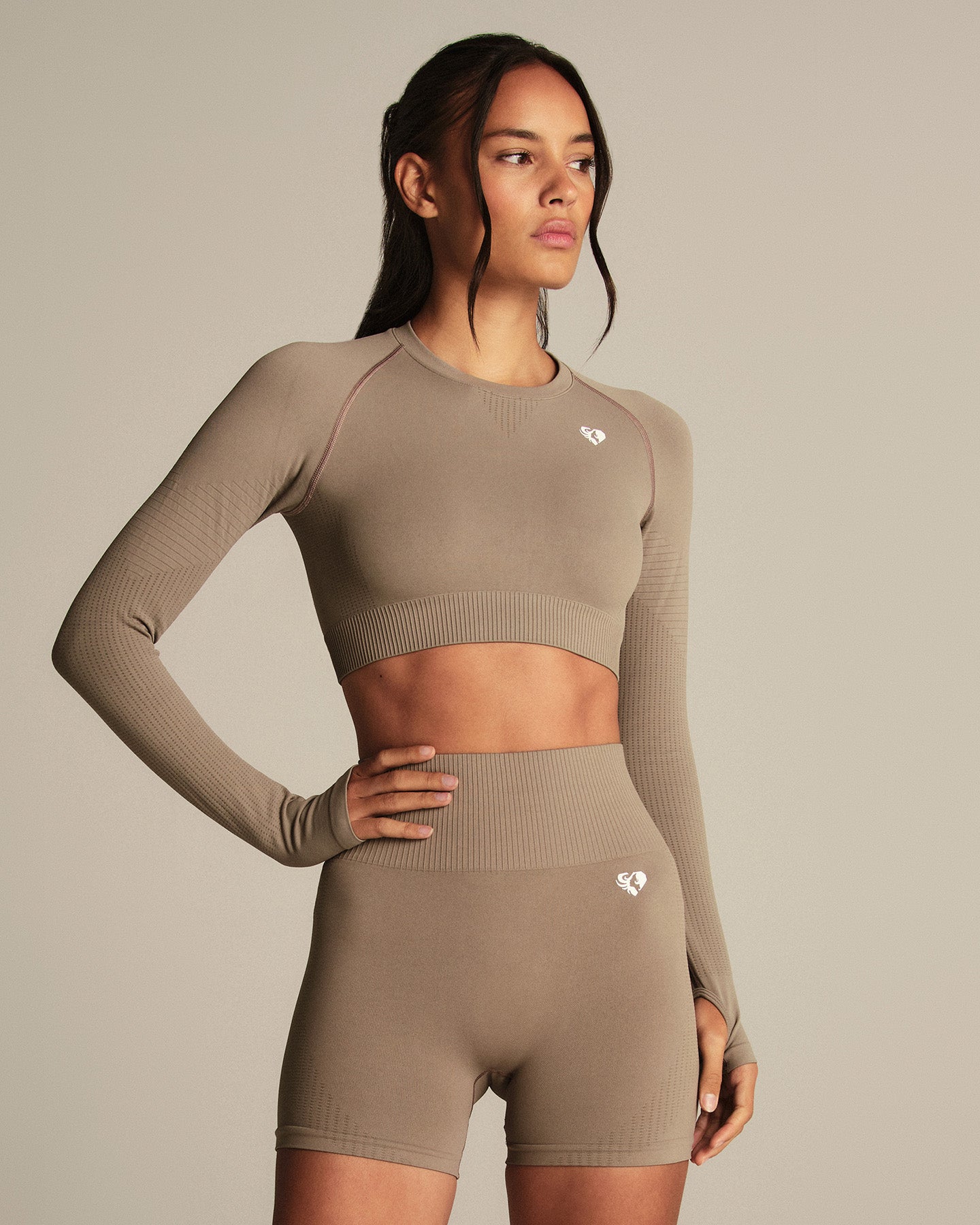 Power Seamless Long Sleeve Crop Top | Taupe Grey