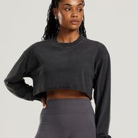 Comfort Vintage Look Oversized Cropped Long Sleeve T-Shirt | Black