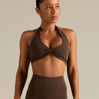 Essential Twist Front Halter Bra | Cocoa
