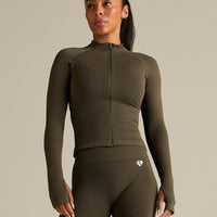 Power Seamless Long Sleeve Full Zip Jacket | Dark Olive