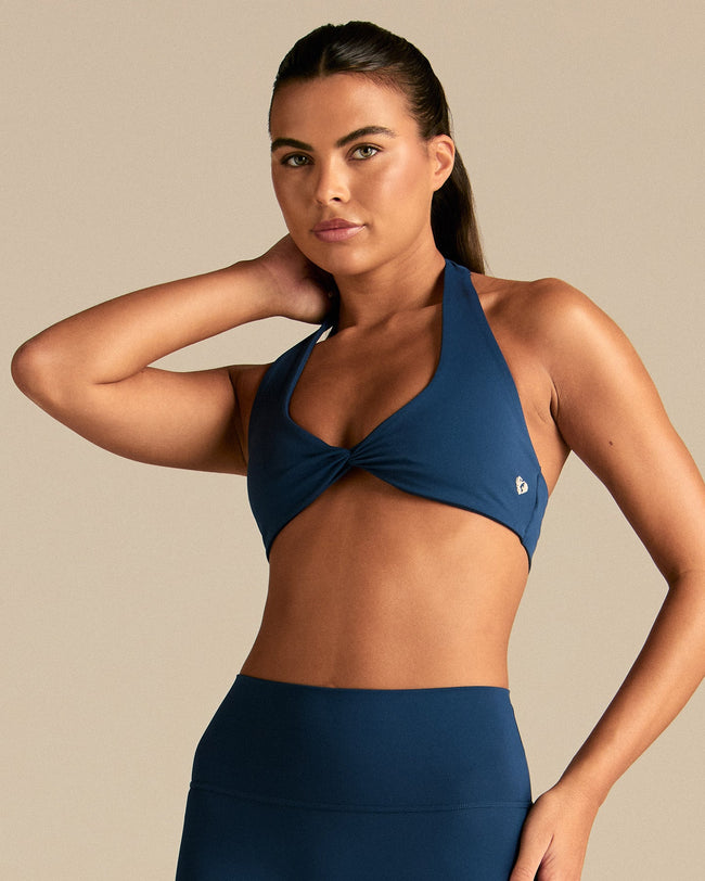 Essential Twist Front Halter Bra | True Navy