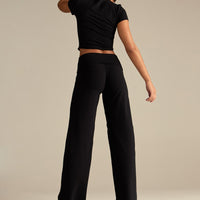 Cotton Contour Fold Over Straight Leg Pants | Black
