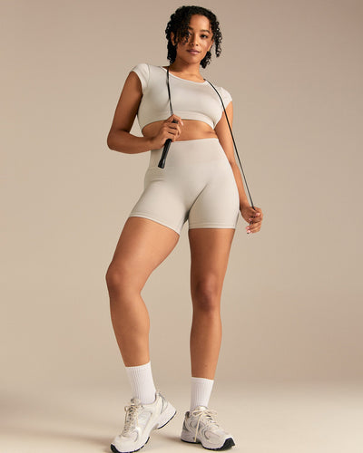 Motion Seamless Open Back Short Sleeve Crop Top | Stone