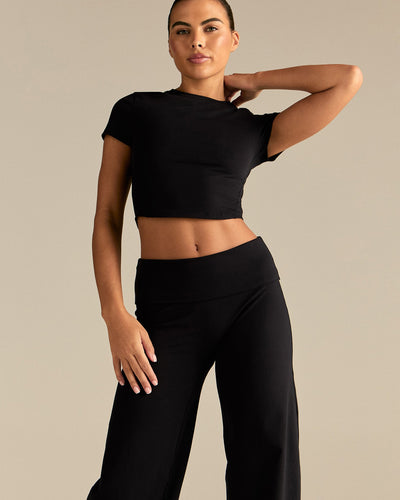Cotton Contour Fold Over Straight Leg Pants | Black