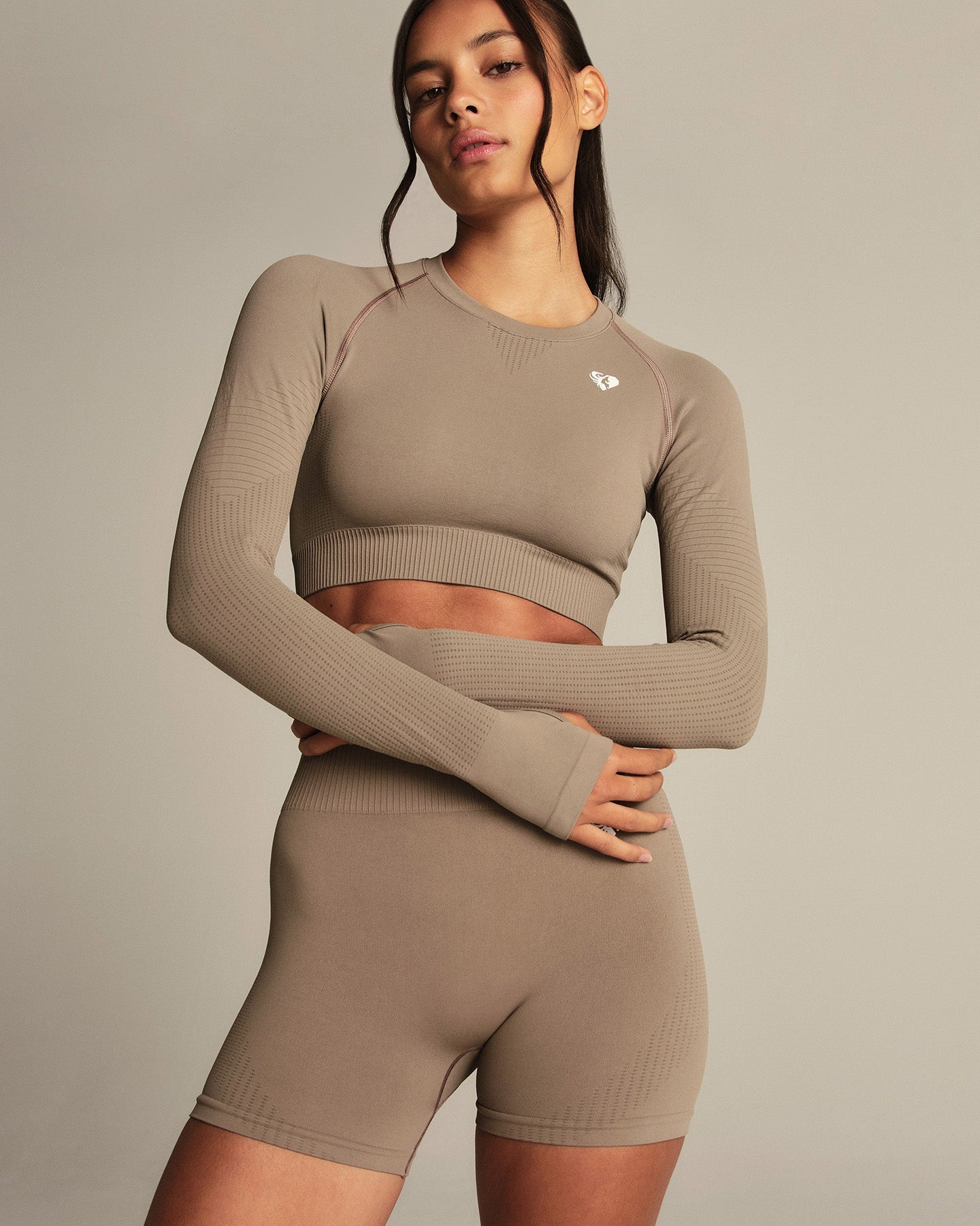 Power Seamless Long Sleeve Crop Top | Taupe Grey