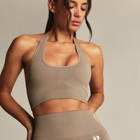 Power Seamless Halter Neck Bra | Taupe Grey